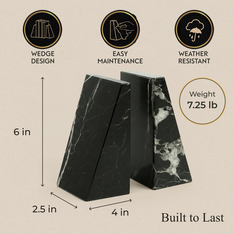 Bey-Berk Whitney Zebra Marble Bookends (Black, Set of 2), 4" x 2.5" x 6" Heavy Wedge Book Ends for Desk, Shelf, or Office - Image 2